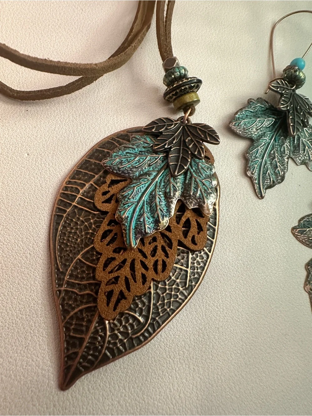 Teal and Bronze Leaf Pendant Necklace and Earrings Set in Patina Bronze